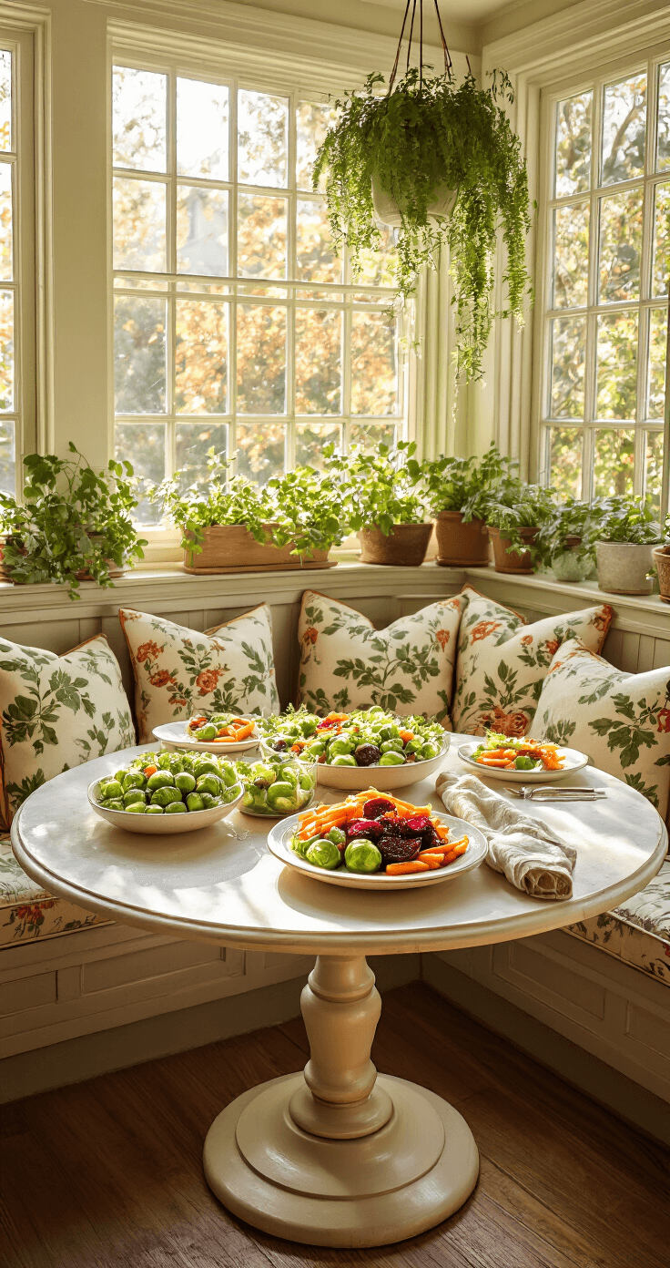 A cozy breakfast nook bathed in golden morning light, featuring a round pedestal table adorned with a fresh fall vegetable salad. The seating area includes a banquette with botanical cushions and hanging plants in the windows, showcasing soft greens and warm whites complemented by vibrant vegetable colors, creating an intimate and healthy dining atmosphere.