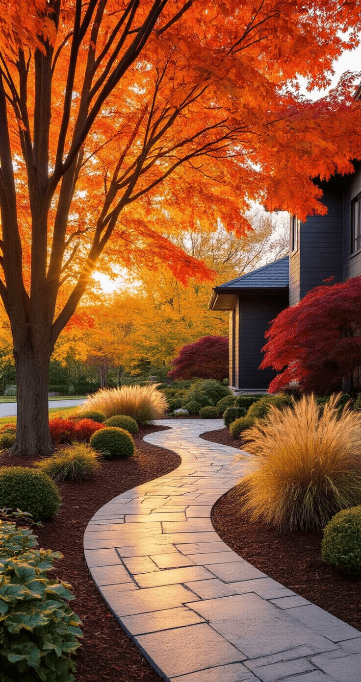Wide-angle view of a front yard entrance at golden hour, featuring vibrant autumn colors, mature maple trees with orange and crimson leaves, deep burgundy Japanese maples, and ornamental grasses. A curved stone walkway leads to a modern home with charcoal siding, dappled sunlight casting shadows on brown mulch.