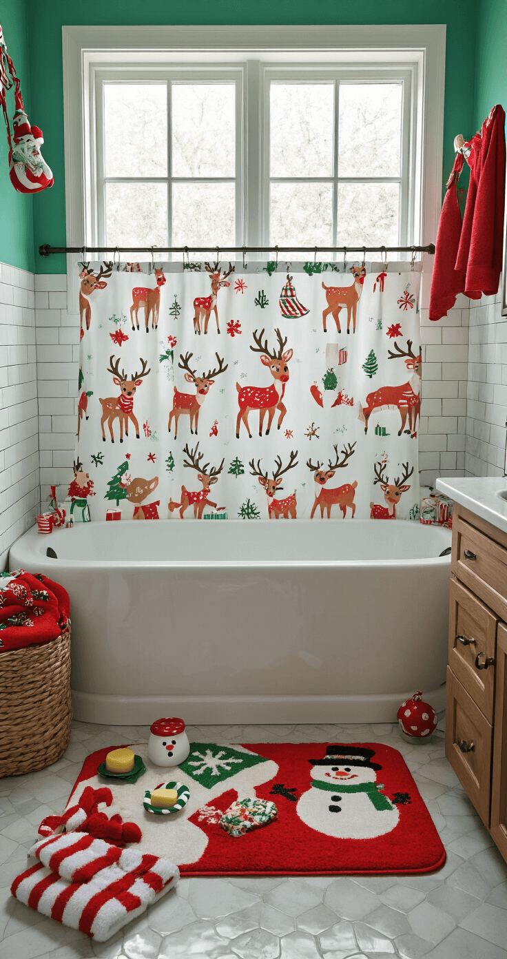 A whimsical family bathroom featuring a playful reindeer shower curtain and cartoon-style Christmas bath mat, adorned with colorful holiday accessories, peppermint-striped towels, character soap dispensers, and a snowman toothbrush holder, all captured in a cheerful red and green color scheme under bright daylight from a large window.