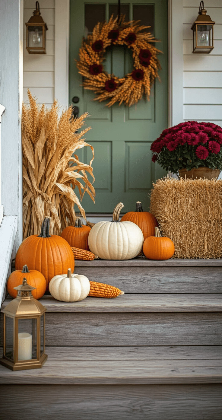 Close-up of autumn decorations on wooden porch steps, featuring orange and white heirloom pumpkins, dried corn stalks, and rustic hay bales, with a seasonal wreath on a sage green door and warm brass lanterns, captured in soft morning light.
