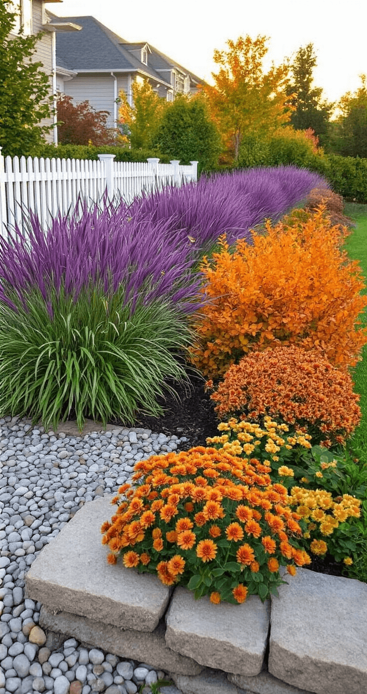 Elevated view of a layered front yard landscape featuring tall purple fountain grass, vibrant orange-red burning bush shrubs, and low-growing sedum and chrysanthemums, complemented by a stone retaining wall and soft afternoon lighting.