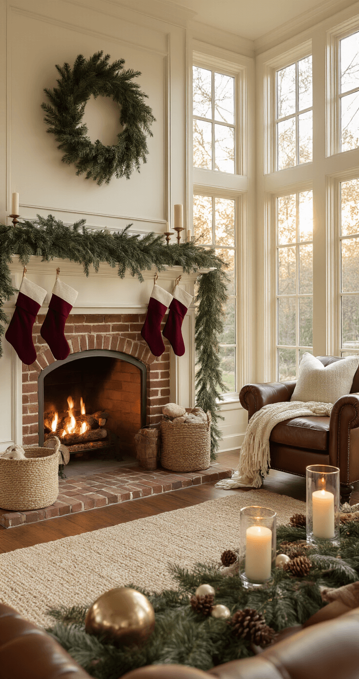 Spacious living room at golden hour with warm sunlight, featuring a traditional brick fireplace, cream-painted wooden mantel with evergreen garland and burgundy velvet stockings, an ivory chunky knit throw over a leather armchair, and three pillar candles in glass hurricanes, evoking cozy holiday warmth.