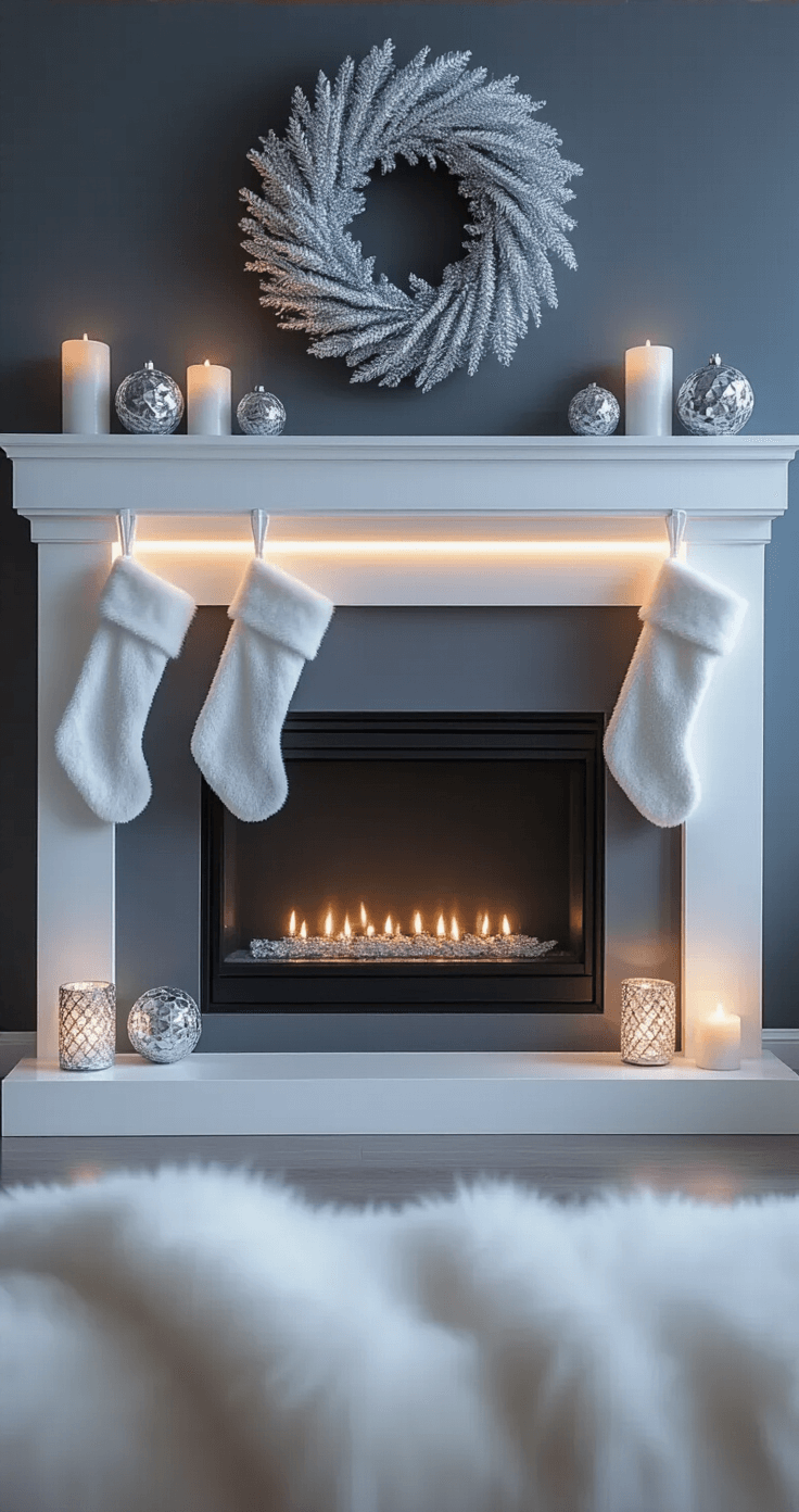 Modern minimalist living room at blue hour with soft LED lighting, sleek white fireplace on a charcoal wall, geometric silver ornaments on a floating mantel, white faux fur stockings, glass pillar candles, and a large silver and white wreath, emphasizing clean lines and contemporary holiday elegance.