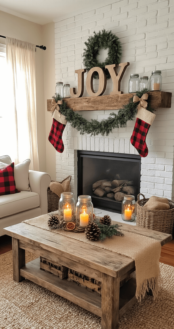 Rustic farmhouse living room bathed in warm afternoon light, featuring a reclaimed wood mantel with mason jar luminaries, burlap garland, vintage-inspired stockings, and a central wooden 'JOY' sign, all arranged around a distressed white brick fireplace and weathered wood coffee table adorned with seasonal decor.