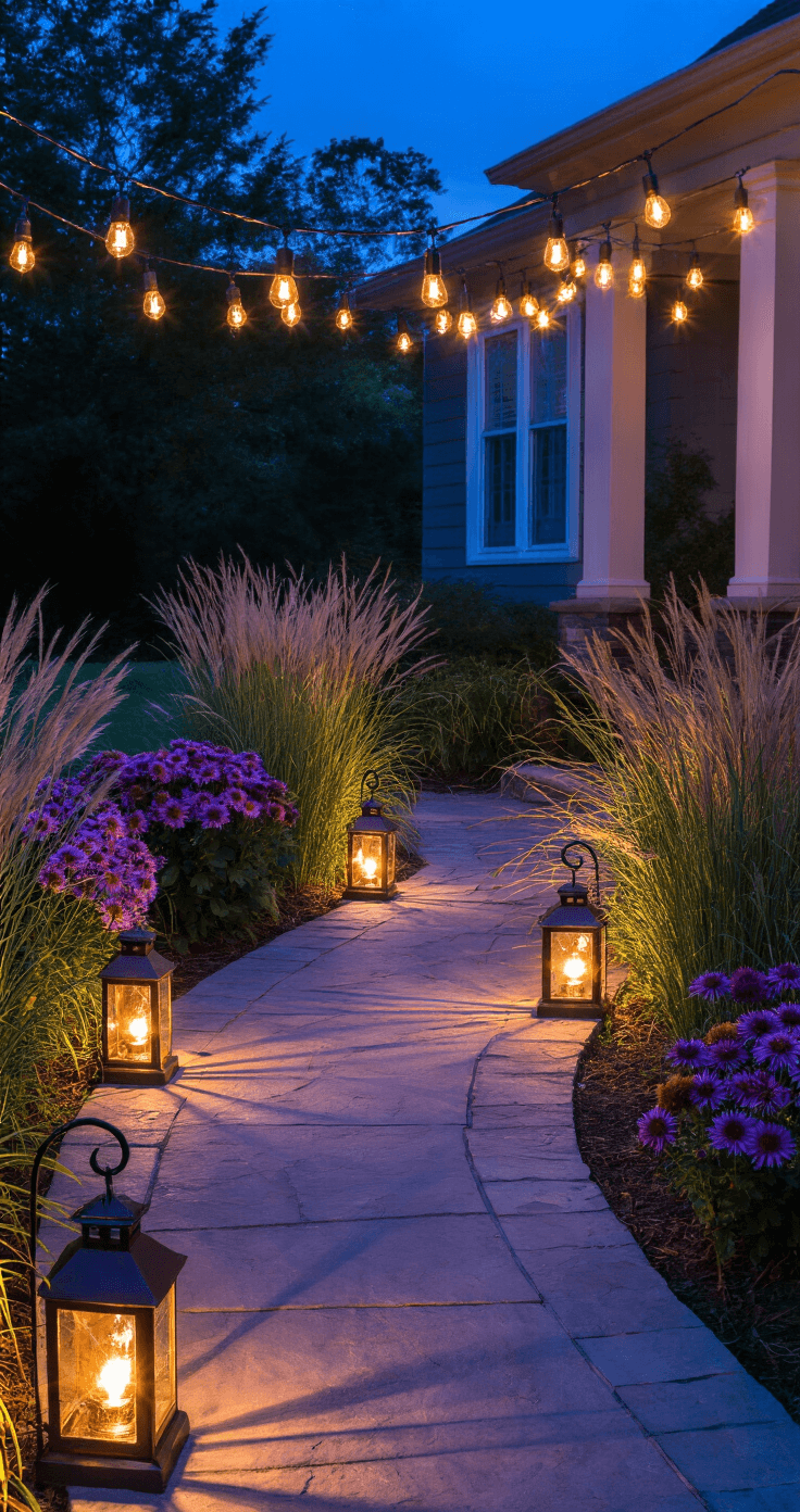 Twilight scene of a front yard pathway illuminated by warm string lights and vintage lanterns, featuring a curved flagstone walkway surrounded by ornamental grasses and blooming asters, with a deep blue sky backdrop.