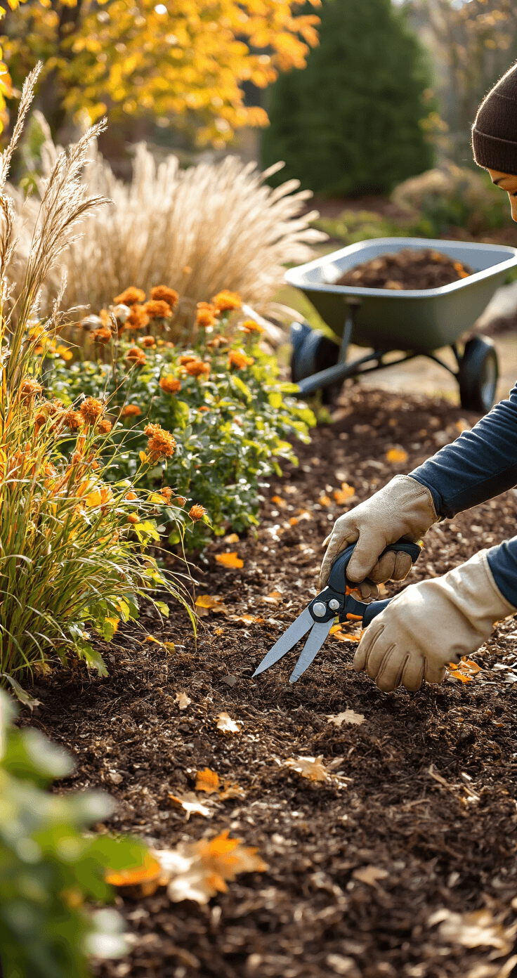 Homeowner in canvas gloves pruning spent perennials in an autumn garden, surrounded by a wheelbarrow of mulch, compost bags, and gardening tools, with trimmed ornamental grasses and scattered autumn leaves in crisp natural light.