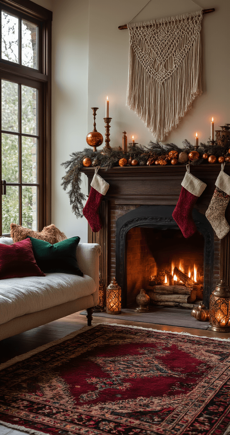 Bohemian-style living room at dusk featuring layered warm lighting, an eclectic fireplace with jewel-toned ornaments, a macrame wall hanging, mixed-pattern stockings, and a dried orange and cinnamon stick garland. Moroccan-style brass candleholders cast intricate shadows, while a vintage Persian rug anchors a seating area adorned with deep jewel-toned velvet cushions.