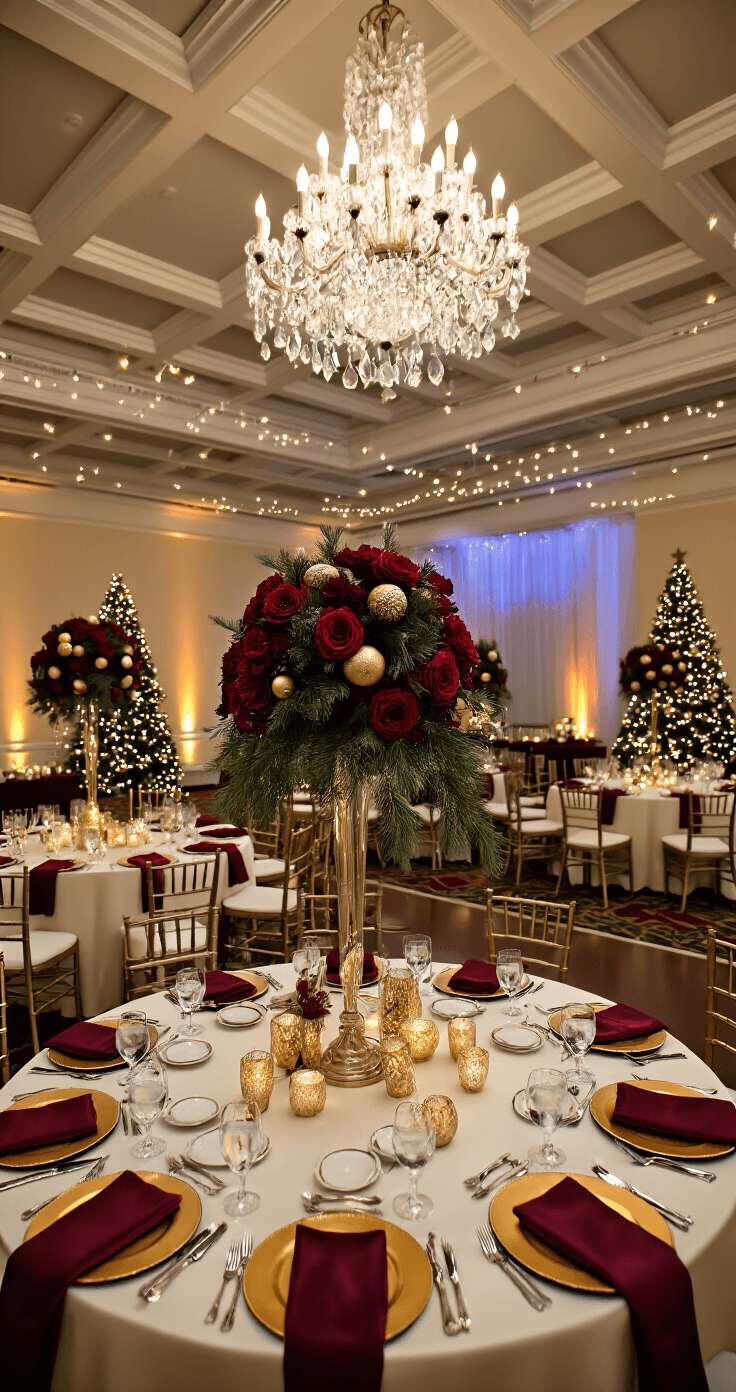 Elegant hotel ballroom reception with 20-foot coffered ceilings, crystal chandeliers, and round tables set for 150 guests, adorned with deep red rose centerpieces, ivory linens, and gold charger plates, illuminated by fairy lights and accented by Christmas trees with champagne ornaments.