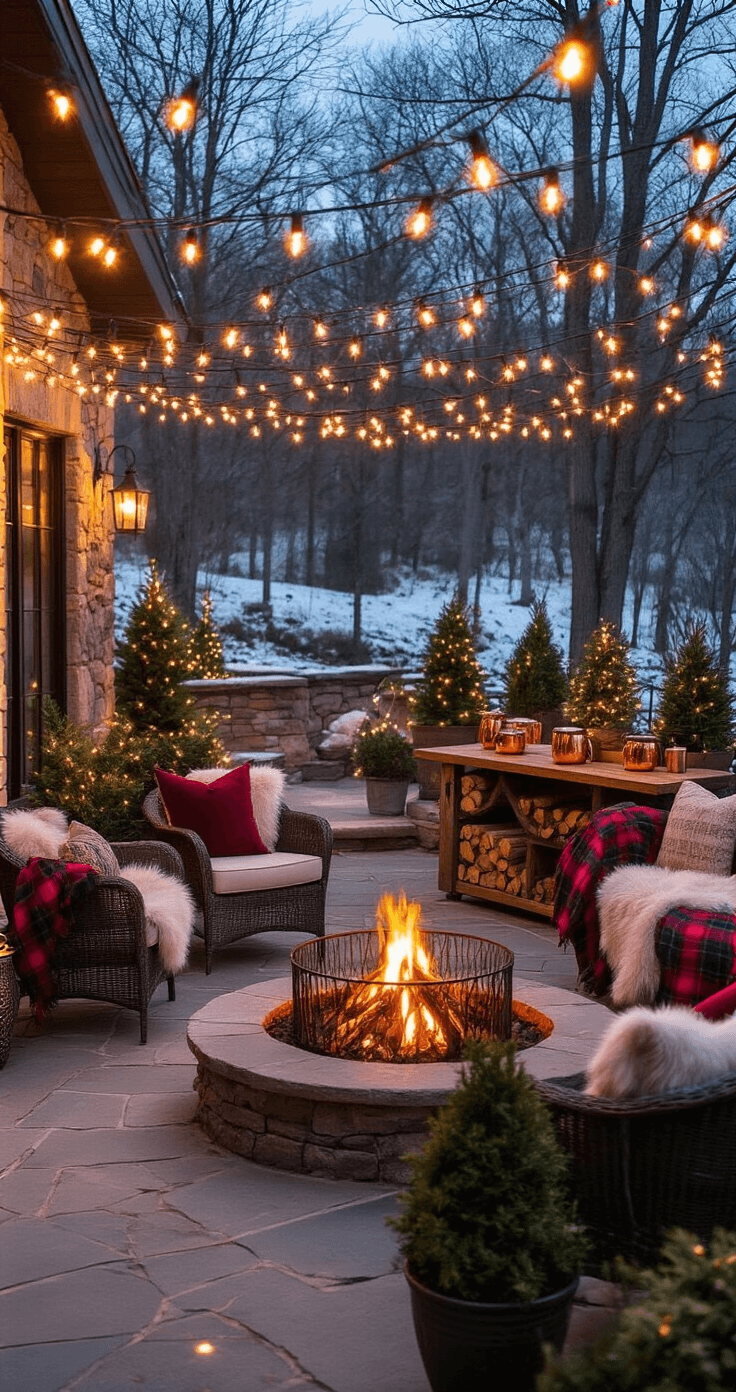 Cozy outdoor cocktail hour on a stone terrace at dusk, featuring string lights, wrought iron fire pits, plush seating with faux fur throws, a wooden bar serving hot chocolate, and a snow-dusted landscape. The scene captures warm golden hour illumination with rich textures and an intimate setting for 75 guests.