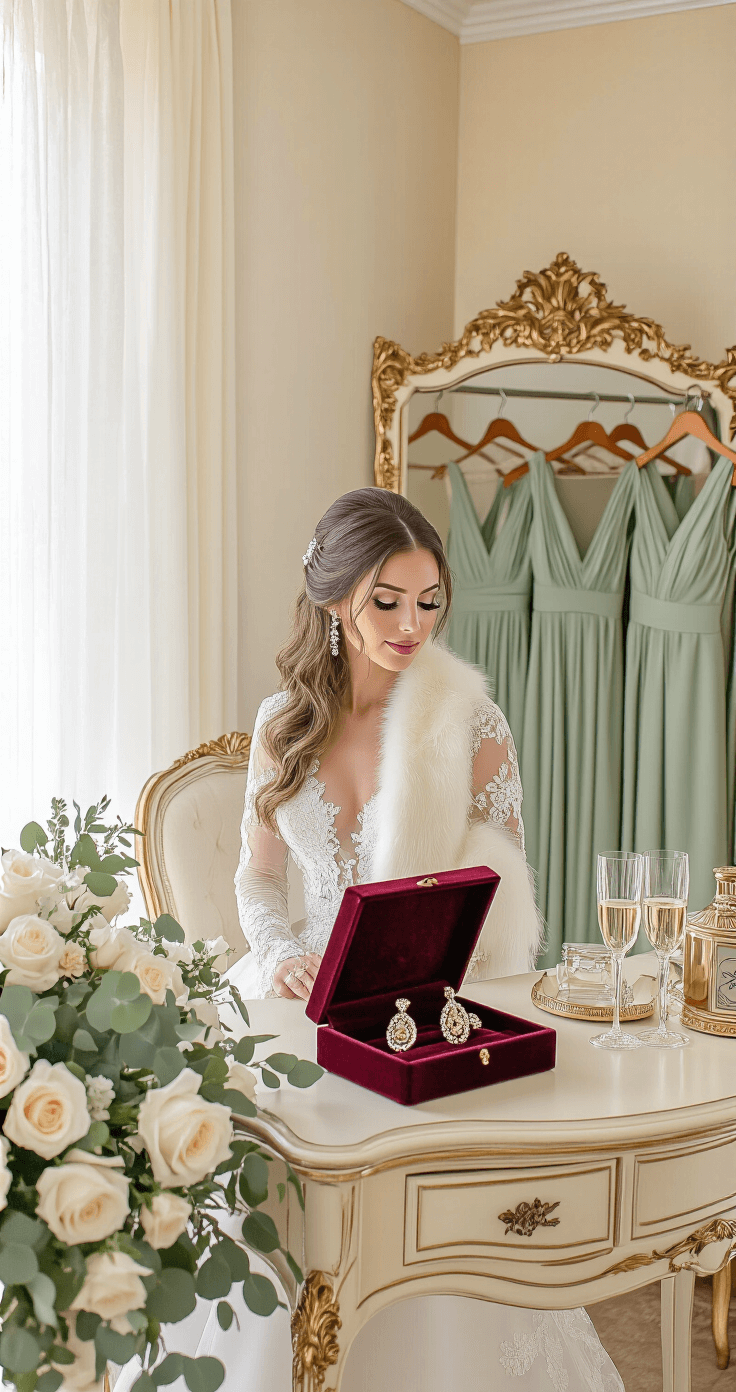 Sophisticated bridal suite with morning light filtering through sheer curtains, featuring French provincial furniture in cream and gold. A bride in a long-sleeve lace gown and faux fur stole is near an antique vanity adorned with pearl hair accessories and a burgundy velvet jewelry box. Nearby, bridesmaids' sage green dresses hang alongside ivory roses with eucalyptus and champagne glasses, all set against a backdrop of soft textures and ornate mirrors.