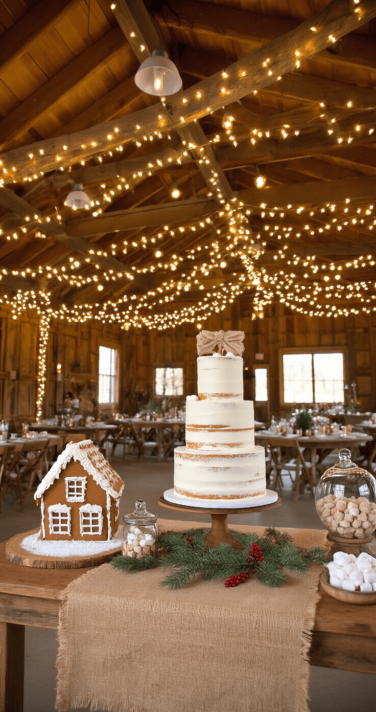 Rustic dessert station in a barn with warm fairy lights and exposed wooden beams, featuring a three-tier naked cake dusted with powdered sugar, a gingerbread house display, and a hot chocolate bomb station. Decorated with wooden farm tables, burlap runners, glass cloches, copper accents, and mason jar arrangements of pine and red berries, evoking a cozy cabin atmosphere with a cinnamon scent.