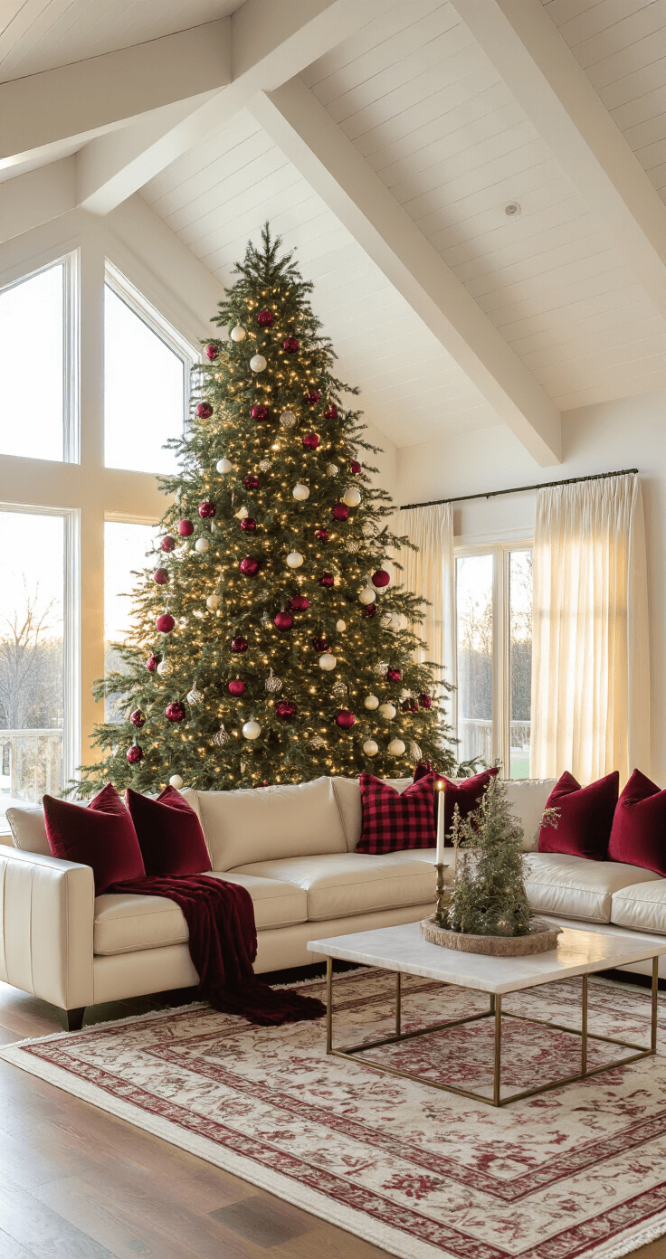 Wide-angle view of a spacious living room featuring a vaulted ceiling and exposed white beams, highlighted by golden hour light. A decorated 9-foot Fraser fir Christmas tree sits in the corner, adorned with crimson glass baubles and pearl-white ornaments, accompanied by a rich burgundy velvet ribbon. A cream leather sectional with red buffalo check pillows rests on hardwood floors with a cream and red Persian rug, while warm LED lights and natural light through sheer curtains create a dreamy ambiance.