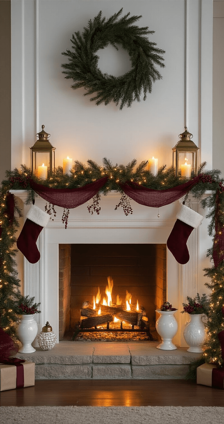 Low-angle view of an elegantly decorated white fireplace mantel at blue hour, featuring a lush pine garland adorned with burgundy ribbon and pearl beads, brass lanterns with flickering candles, mercury glass ornaments, white ceramic urns with red berries, warm fairy lights, and stockings hanging from wrought iron hooks, all complemented by a crackling fire in the stone hearth casting romantic shadows.