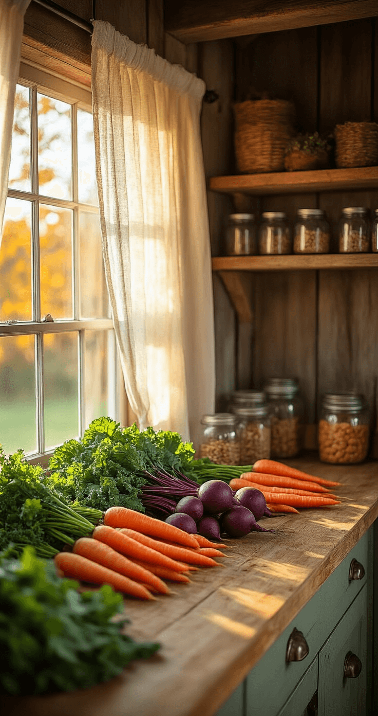 A cozy farmhouse kitchen bathed in golden hour light, featuring rustic wooden countertops with fresh fall vegetables like carrots, beets, and kale. Barn wood shelves display mason jars of seeds, while a warm amber and sage green color scheme, along with copper accents, enhances the homey autumn atmosphere.