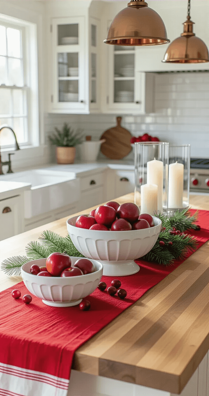 Gourmet kitchen island bathed in morning light, featuring a butcher block countertop with white ceramic bowls of red apples and cranberries, a crimson linen table runner, glass hurricane lanterns with white candles, fresh pine sprigs, a white subway tile backsplash, copper pendant lights, and striped dish towels on oil-rubbed bronze hardware.