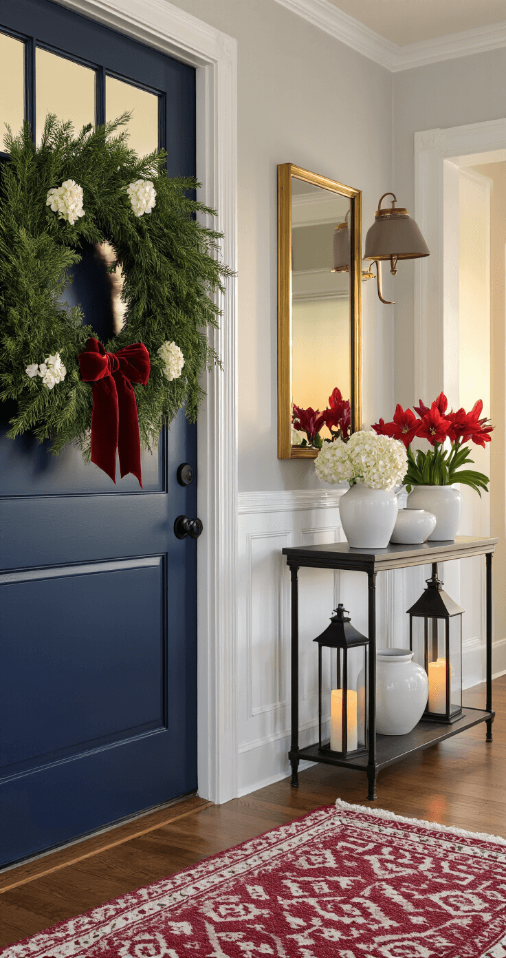 Welcoming front entry foyer during golden hour, featuring a navy blue front door with an oversized evergreen wreath and red velvet ribbon, flanked by black lanterns with candles, white wainscoting, soft gray walls, vintage red and white geometric runner on hardwood floors, and a console table with white vases holding red amaryllis.