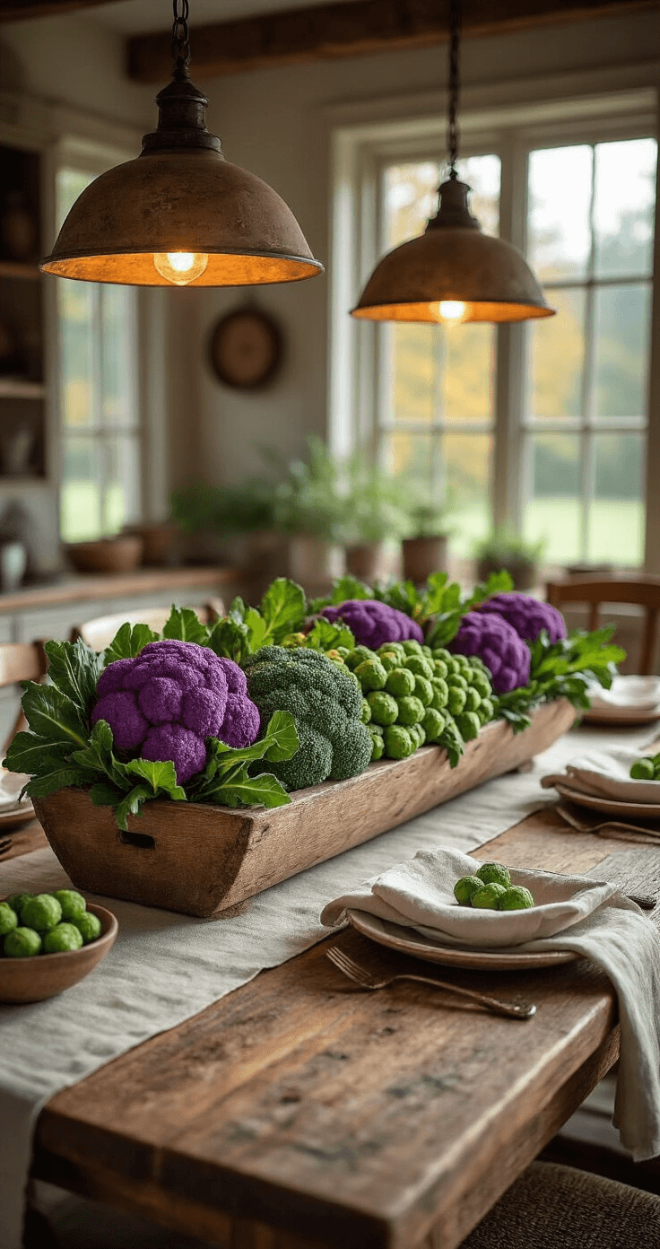 A rustic dining room featuring a reclaimed wood farm table adorned with freshly harvested brassicas, including purple cauliflower, bright green broccoli, and Brussels sprouts on stems, all bathed in soft afternoon light from vintage pendant lamps, creating warm shadows. The setting has a neutral palette with natural textures, complemented by linen napkins and ceramic serving dishes, creating a cozy harvest celebration atmosphere viewed from an overhead angle.