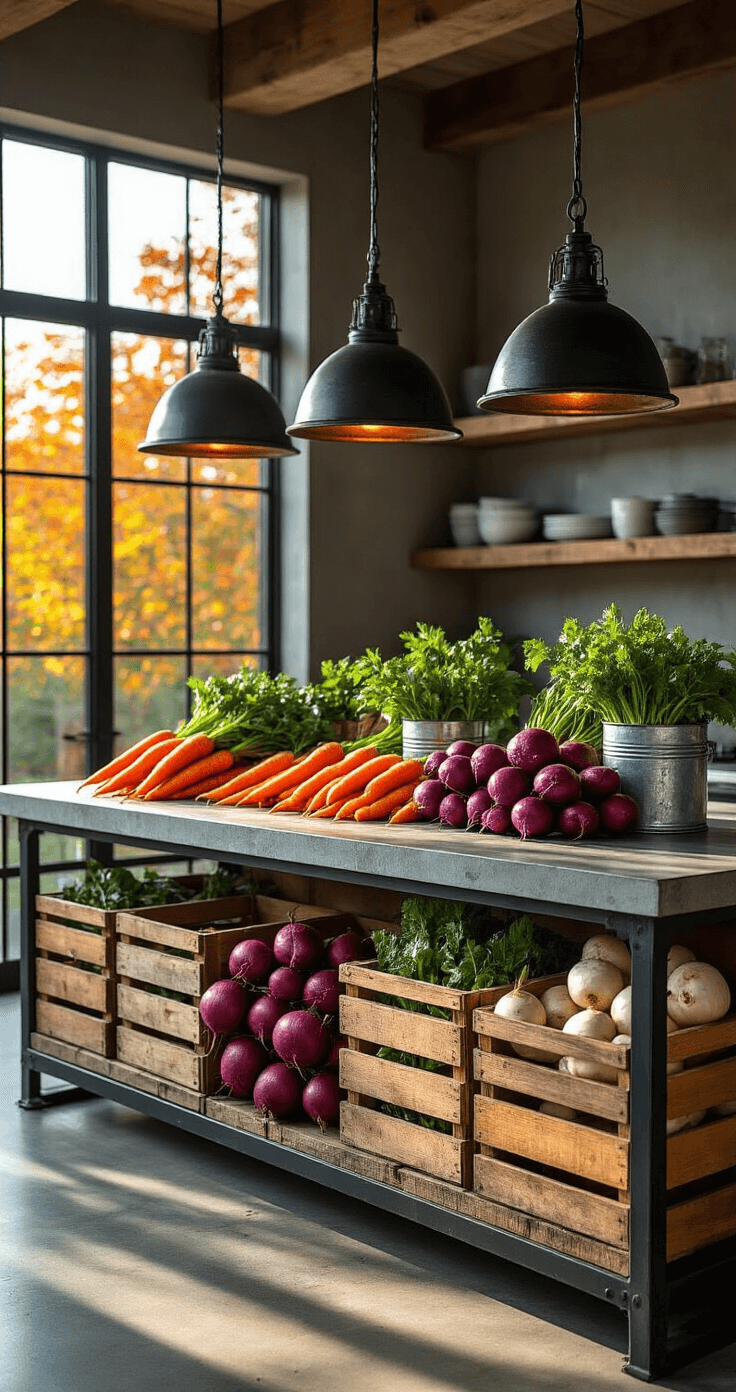 A contemporary kitchen island adorned with vibrant root vegetables in wooden crates and galvanized containers, featuring sunset lighting that casts dramatic shadows across burgundy beets, orange carrots, and white turnips. The scene includes industrial pendant lights, concrete counters, and black metal accents, captured in a three-quarter view with sophisticated autumn styling.