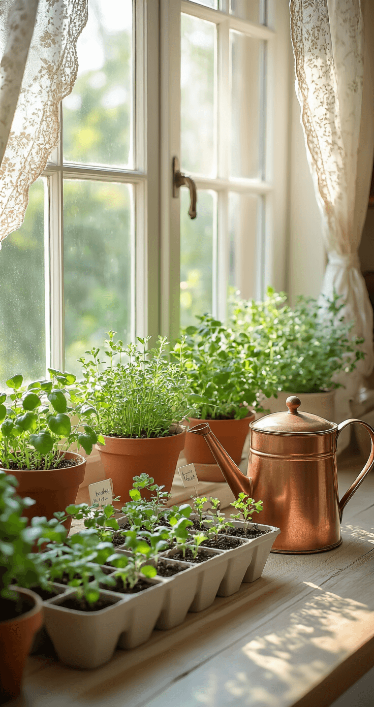 A charming cottage kitchen window sill adorned with small potted herbs and seedling trays in soft morning light, featuring terra cotta pots, a copper watering can, and hand-written plant markers, all in a cream, sage, and copper color scheme with vintage botanical prints in the background.