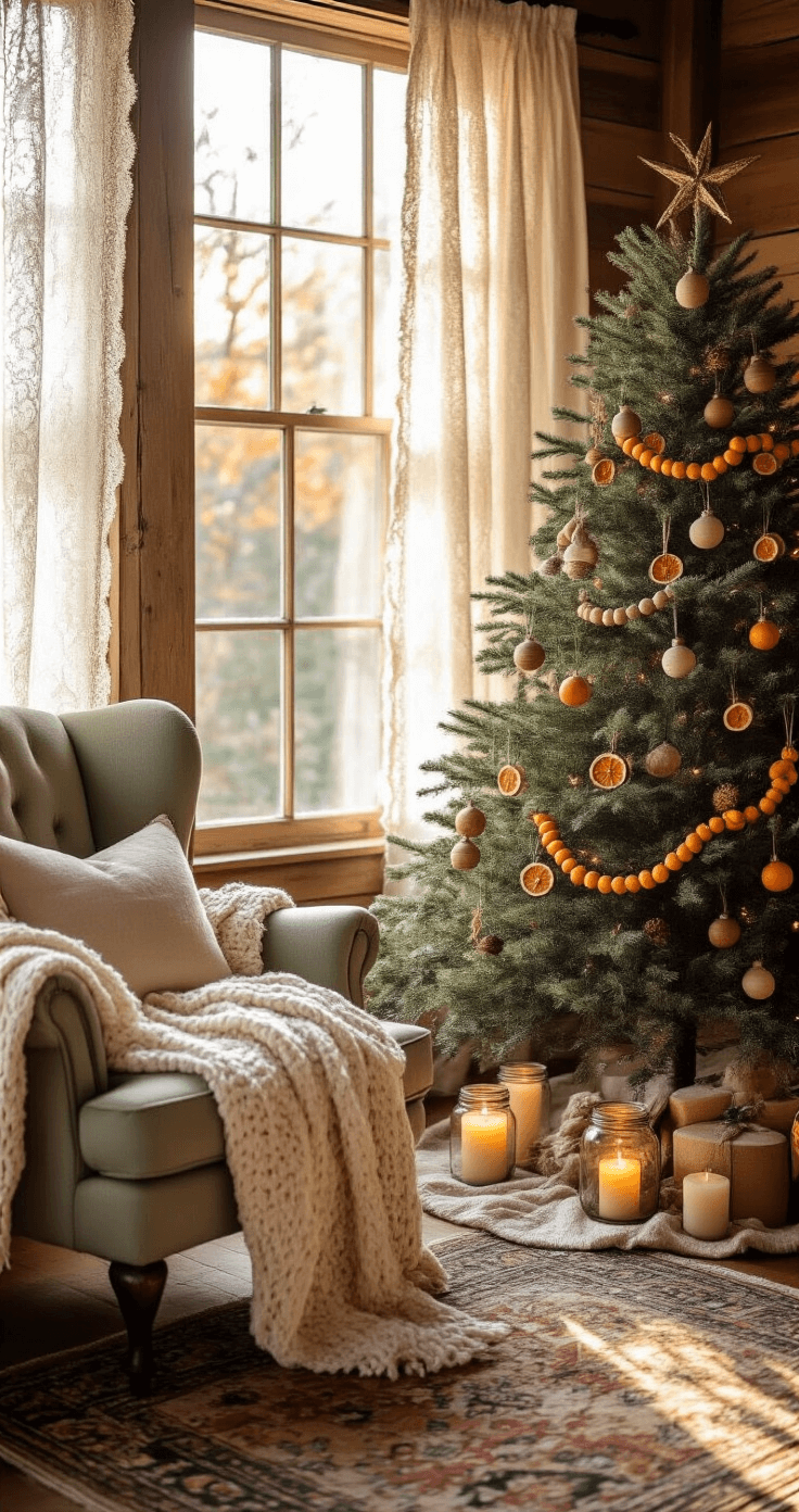A cozy rustic Christmas corner featuring a decorated pine tree, wooden ornaments, and warm afternoon light streaming through a lace-curtained window, with a plush cream throw on a sage green wingback chair and a vintage Persian rug on rich wood floors.