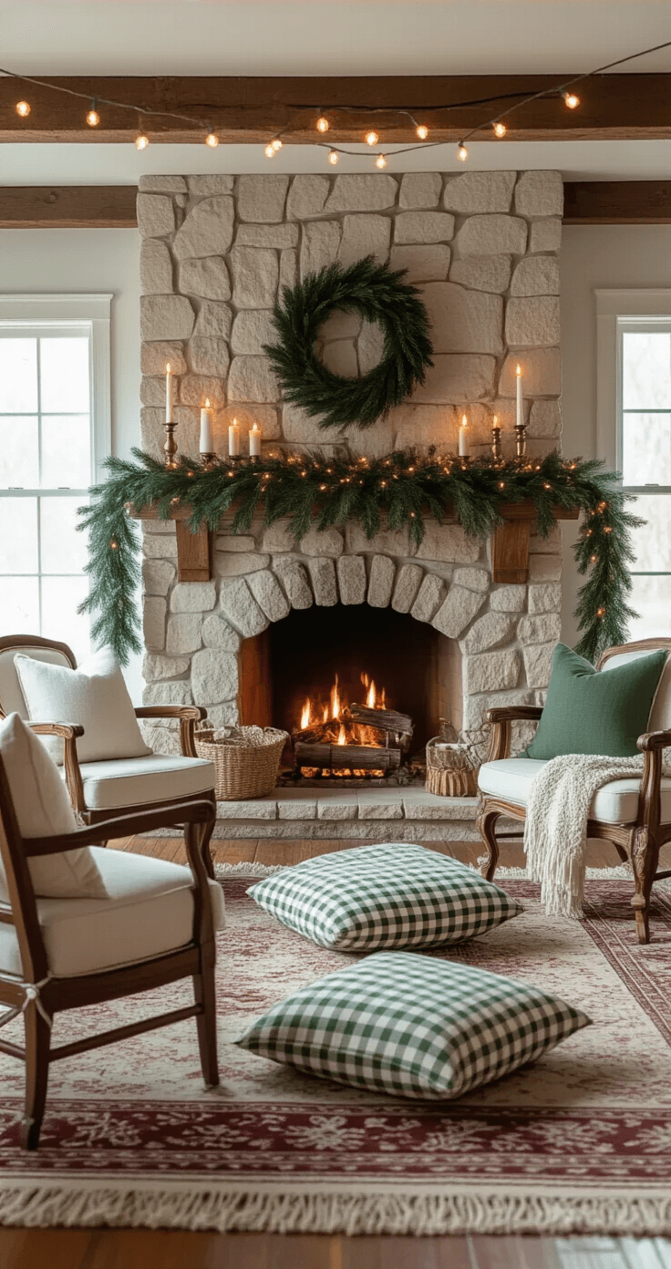 Cozy cottagecore living room for holiday gathering, featuring a stone fireplace adorned with evergreen garland, vintage brass candle holders emitting candlelight, mismatched vintage chairs, and floor cushions on a Persian rug, with string lights overhead, in a warm color palette of sage green and deep berry red.