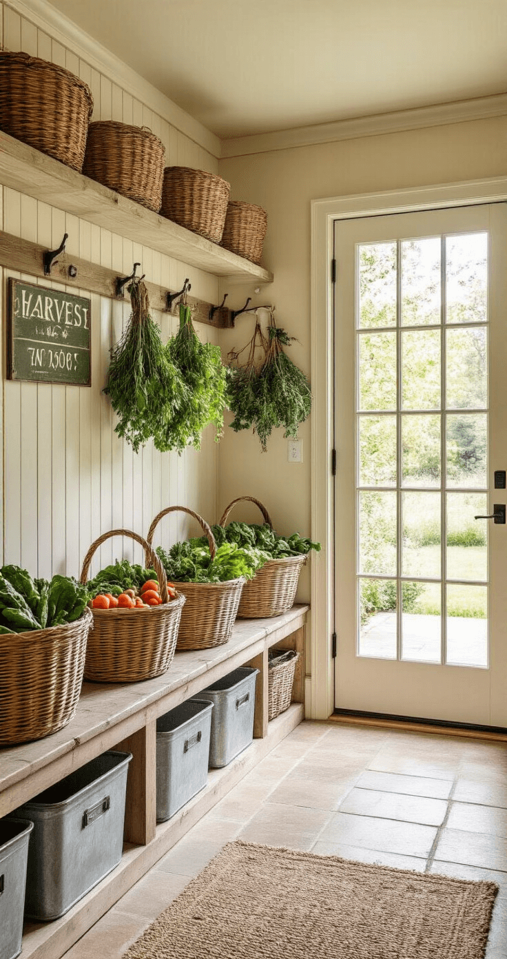 Spacious mudroom entryway with built-in storage for garden harvest, wicker baskets filled with fresh vegetables, and hanging bundles of herbs drying, illuminated by natural daylight from a glass-panel door, featuring weathered wood benches, galvanized storage bins, and vintage garden signs in an earthy palette.