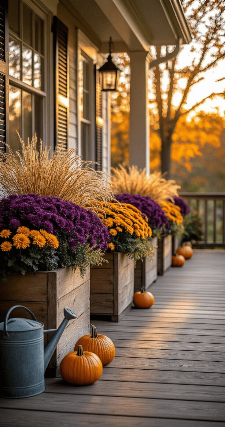 A cozy autumn front porch bathed in warm amber light, showcasing wooden planter boxes filled with purple fountain grass, golden mums, and trailing sweet potato vines, with mini pumpkins and vintage watering cans enhancing the farmhouse aesthetic.