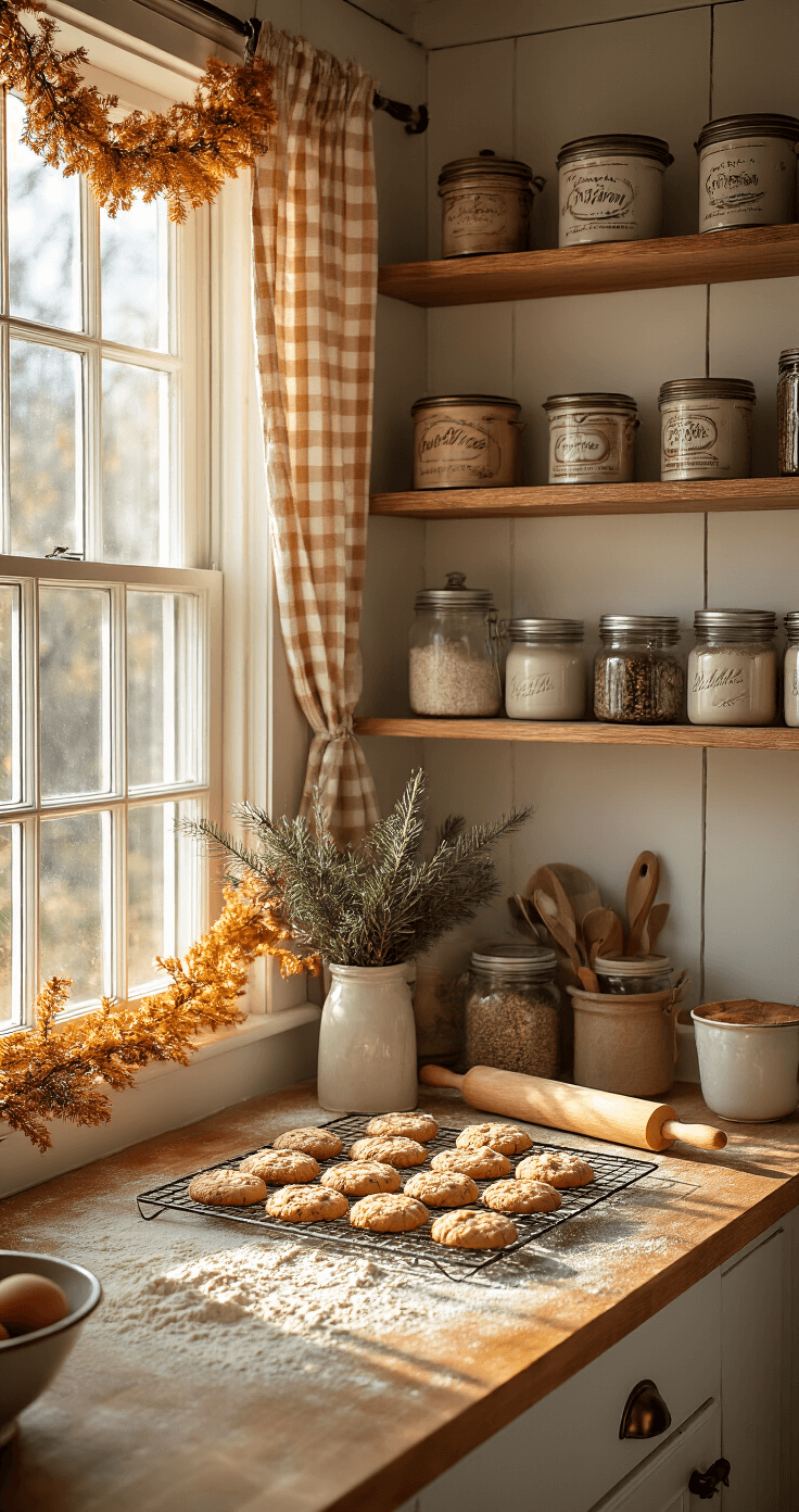 A cozy cottage kitchen decorated for Christmas, featuring vintage tins and mason jars on open shelves, butcher block counters with flour and a rolling pin, cooling cookies on wire racks, and a dried orange garland above the window, all bathed in warm afternoon light.