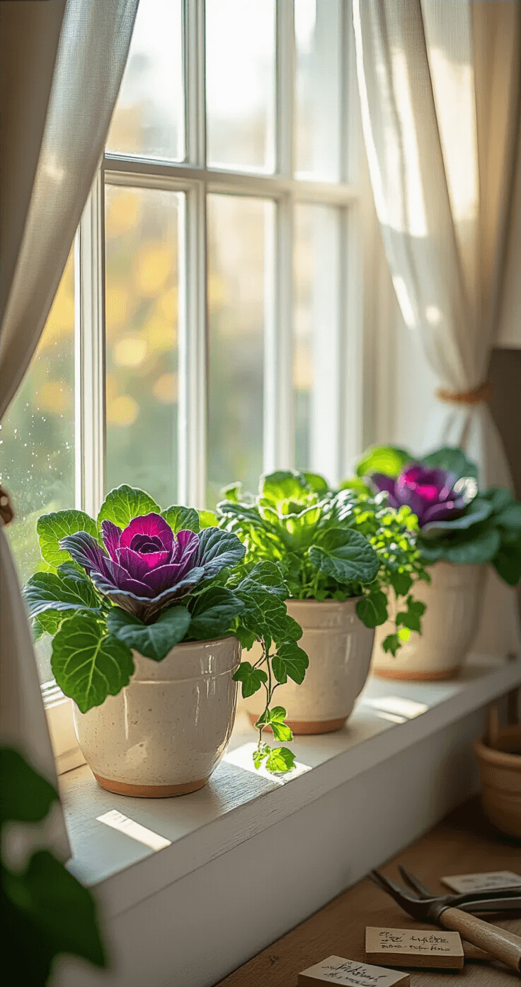 Close-up of a sunlit kitchen windowsill adorned with ceramic planter boxes filled with ornamental cabbage and creeping jenny, illuminated by morning light filtering through sheer curtains, highlighting dewdrops on leaves. The rustic white wood frames and brass hardware create a warm ambiance, accompanied by scattered gardening tools and vintage plant markers, all captured from a 45-degree angle with a shallow depth of field focusing on detailed textures.