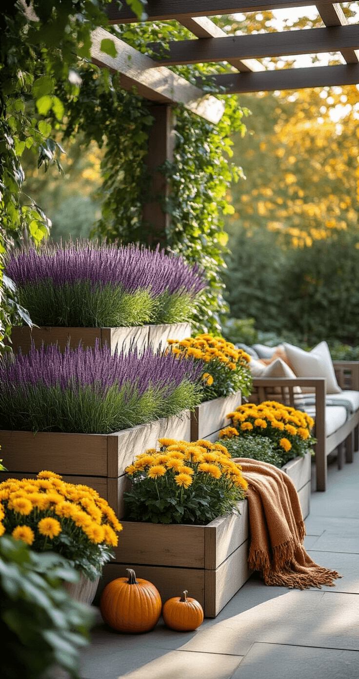 Expansive covered patio with tiered wooden planter boxes filled with purple millet, yellow chrysanthemums, and cascading ivy, complemented by weathered teak furniture and cozy autumn throw blankets, all softly lit by filtered light through pergola slats, with mini decorative pumpkins adding seasonal charm.