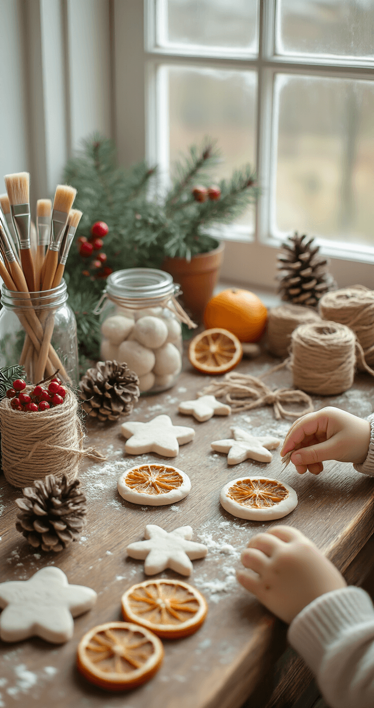 A cozy DIY Christmas ornament craft station with a vintage wooden table showcasing salt dough ornaments, dried orange slices, twine, and beeswax. Mason jars filled with paintbrushes and natural materials like pinecones and holly, while children's hands are seen creating wooden decorations. The scene is illuminated by soft morning light, highlighting the intricate details and textures in warm white tones, with a color palette of natural browns, cream whites, forest green, and traditional red berry accents.