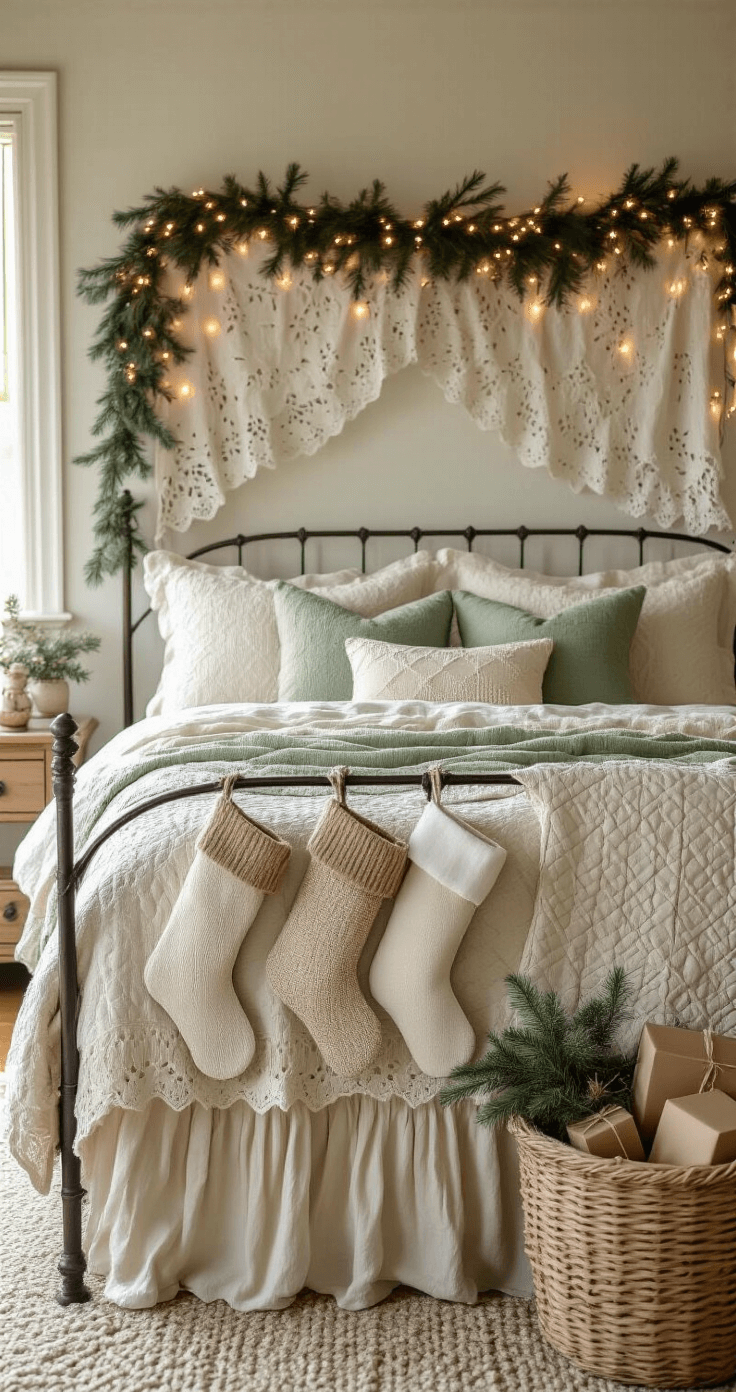 A cozy cottage bedroom styled for Christmas morning, featuring a wrought iron bed adorned with cream and sage green quilts, vintage lace panels, handmade stockings, a fresh garland with fairy lights, and a woven basket of wrapped gifts, all illuminated by soft dawn light.