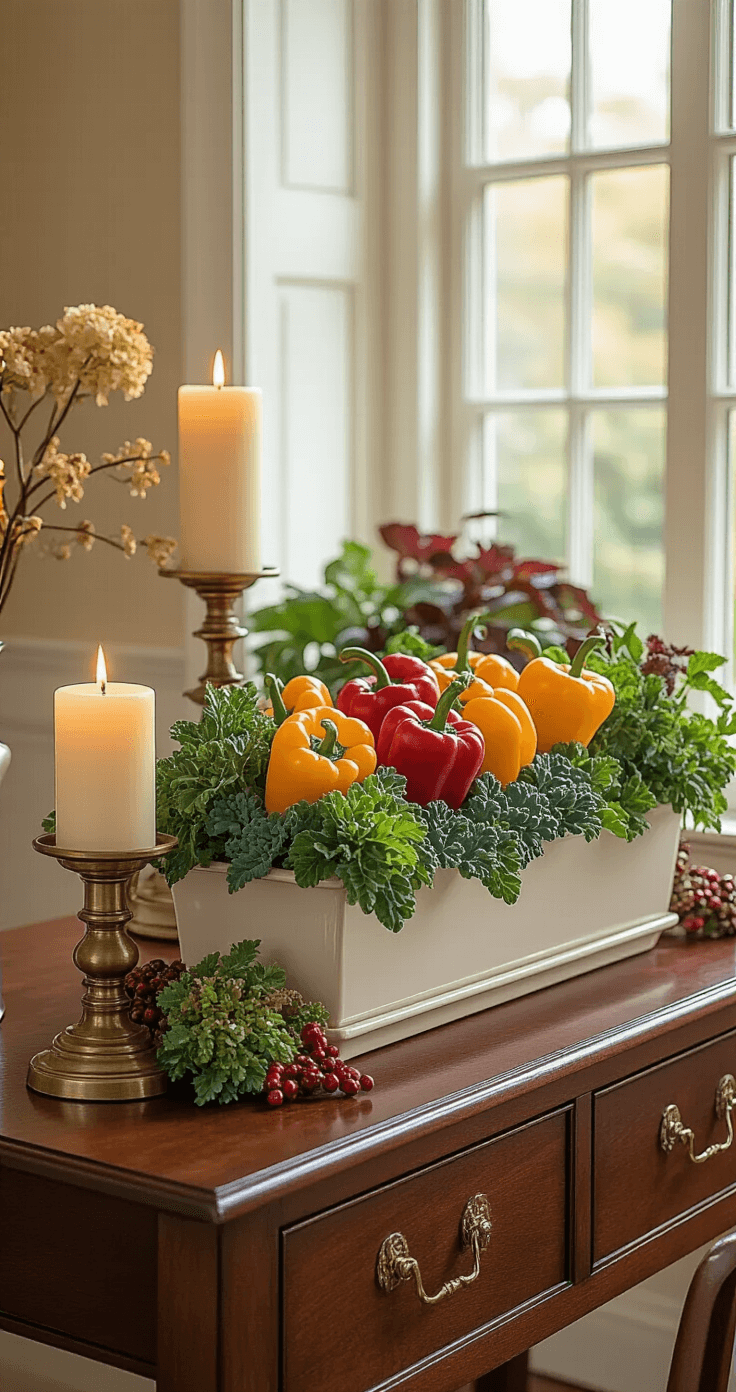 Intimate dining room corner featuring a console table with colorful pepper and ornamental kale planters, warm candlelight and soft window light creating a cozy ambiance, rich mahogany wood tones, brass accents, cream walls, with dried hydrangea branches and seasonal berries artfully arranged.