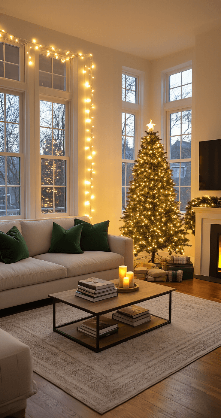 Photorealistic studio apartment featuring a 4-foot pre-lit artificial Christmas tree in the corner, warm white string lights around large windows, and golden hour lighting. The cozy sectional sofa with forest green throw pillows complements cream-colored walls and hardwood floors with an area rug. A coffee table styled with seasonal books and battery candles, along with a TV stand decorated with mini garland, creates an intimate atmosphere.