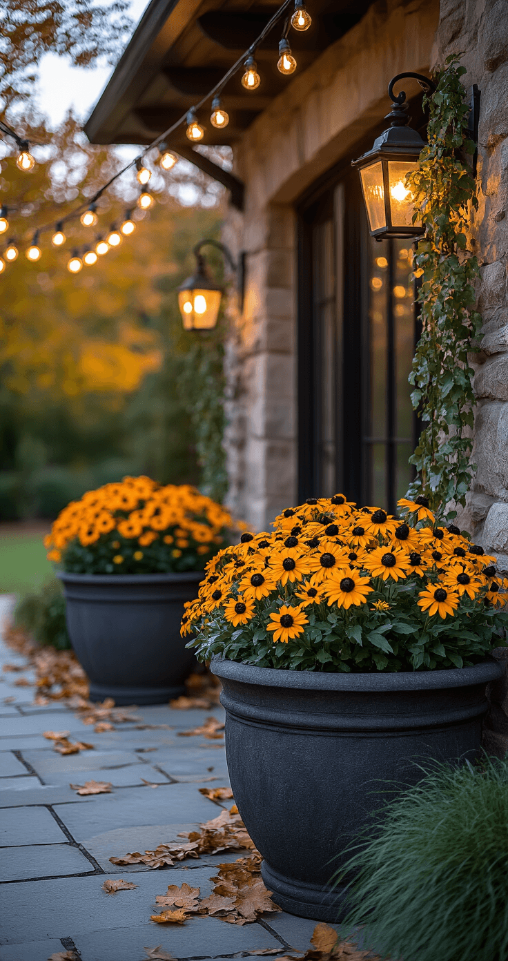 A dramatic twilight entrance featuring oversized stone planter boxes filled with black-eyed Susans and marigolds, string lights overhead creating warm bokeh, aged limestone containers with iron hardware, autumn leaves scattered on a flagstone pathway, and a low-angle shot emphasizing scale and atmospheric lighting.