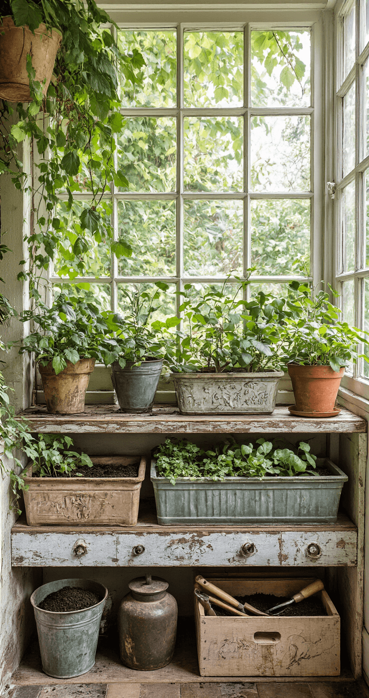 Bright conservatory filled with vintage planter boxes on distressed wooden shelves, illuminated by natural daylight. The scene features intricate leaf patterns, vine trails, weathered galvanized metal, reclaimed wood, vintage gardening tools, ceramic plant markers, and scattered compost soil, all captured from a slightly elevated angle to highlight the organized chaos and textured atmosphere of a gardening workspace.