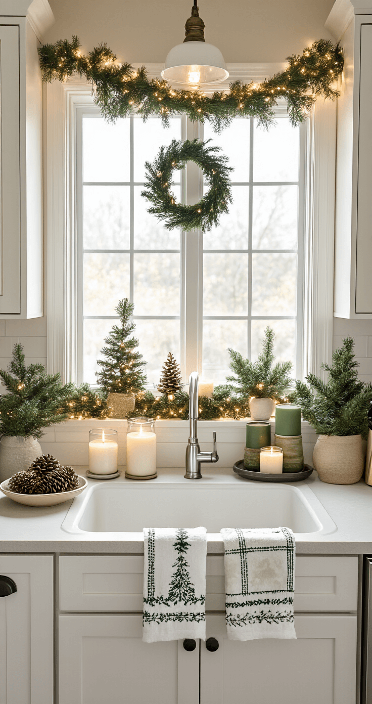 A compact galley kitchen decorated for Christmas featuring holiday hand towels, a mini garland swag above the sink window, battery-operated lights framing the window, a clear bowl of pinecones on the counter, grouped Christmas candles on a tray, and seasonal plants on the windowsill, all illuminated by natural morning light in a warm white and green color scheme.