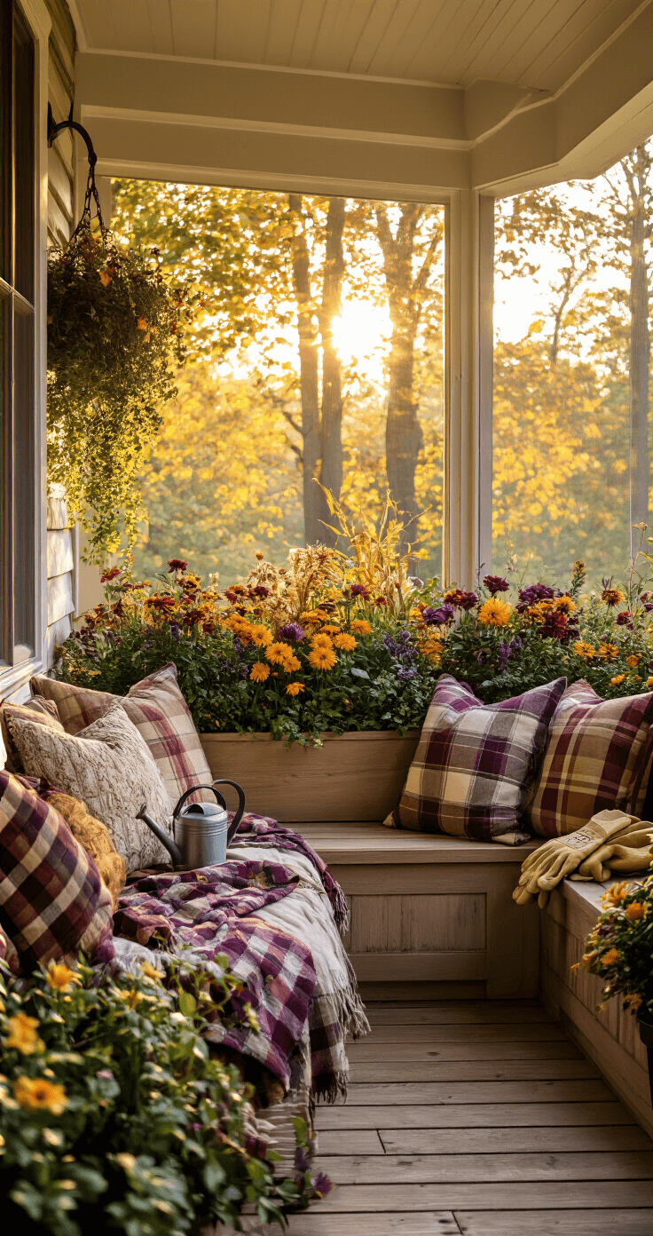Cozy screened porch corner at golden hour, showcasing a built-in planter box bench adorned with autumn arrangements in rich purples, golden yellows, and earthy browns, complemented by warm plaid cushions and vintage quilts, with soft dappled sunlight filtering through the screen mesh.