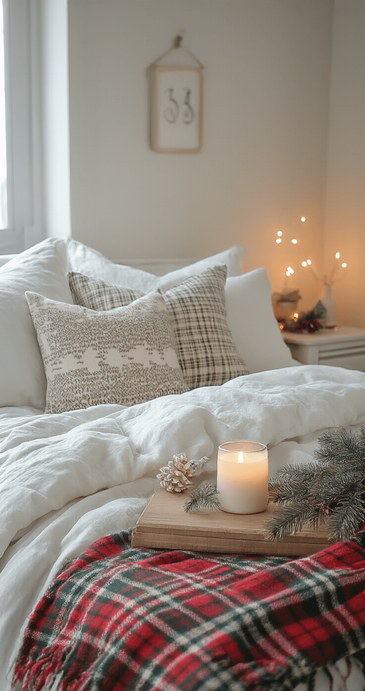Cozy Christmas bedroom featuring a small Christmas throw pillow on the bed, a plaid throw at the foot, and winter white pillowcases; a nightstand adorned with a battery candle and a tiny pine sprig in a vase, all captured in warm ambient lighting with a sophisticated minimal aesthetic.