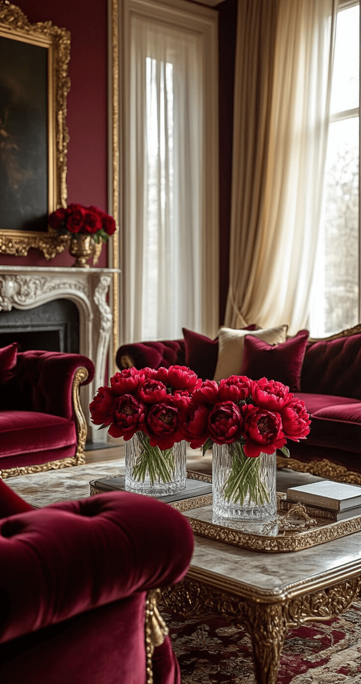 Elegant living room with vibrant red winter peonies in crystal vases, deep jewel-toned velvet furniture, a rich burgundy and gold color palette, afternoon sunlight filtering through sheer curtains, luxurious silk pillows and cashmere throws, ornate fireplace mantel, and opulent Victorian-inspired decor.