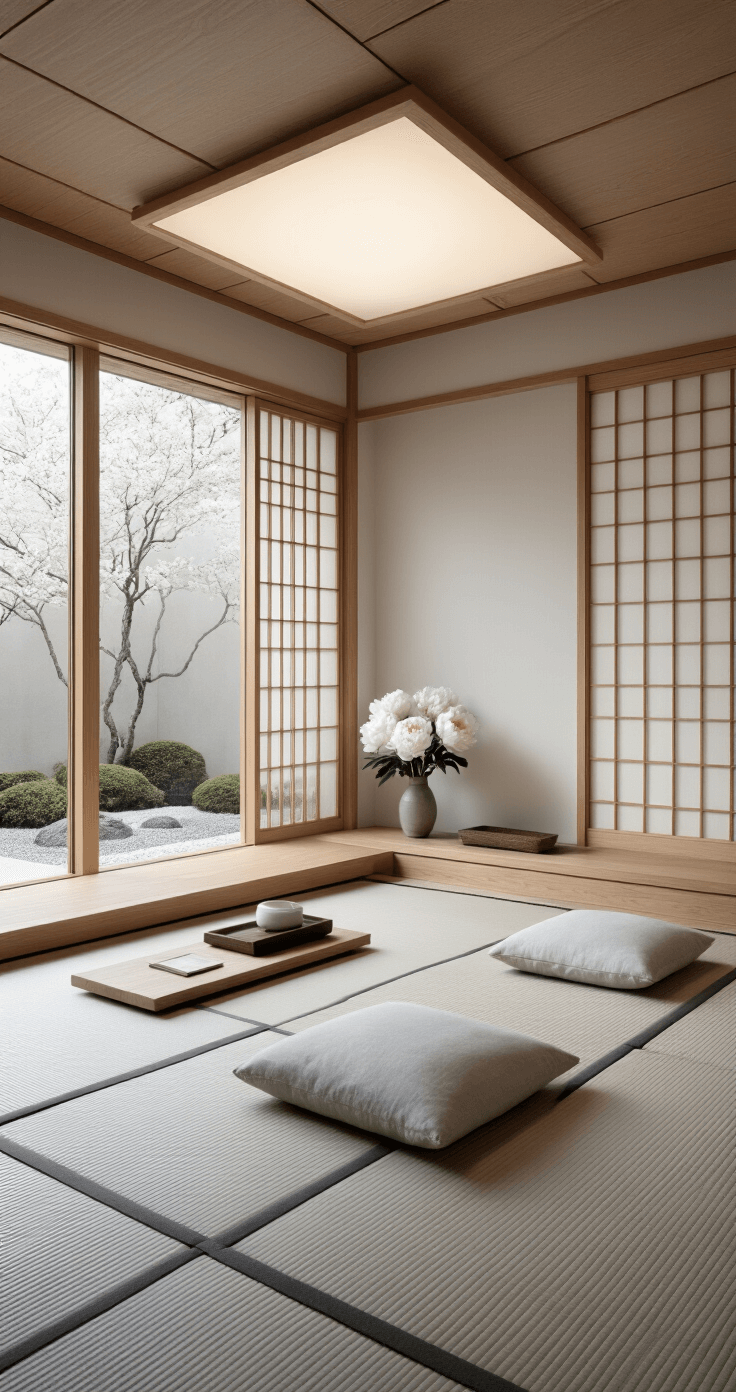 A serene minimalist meditation corner inspired by Japanese design, featuring white winter peonies, natural wood elements, tatami mats, and low furniture, with soft diffused lighting and a zen garden view through large windows.