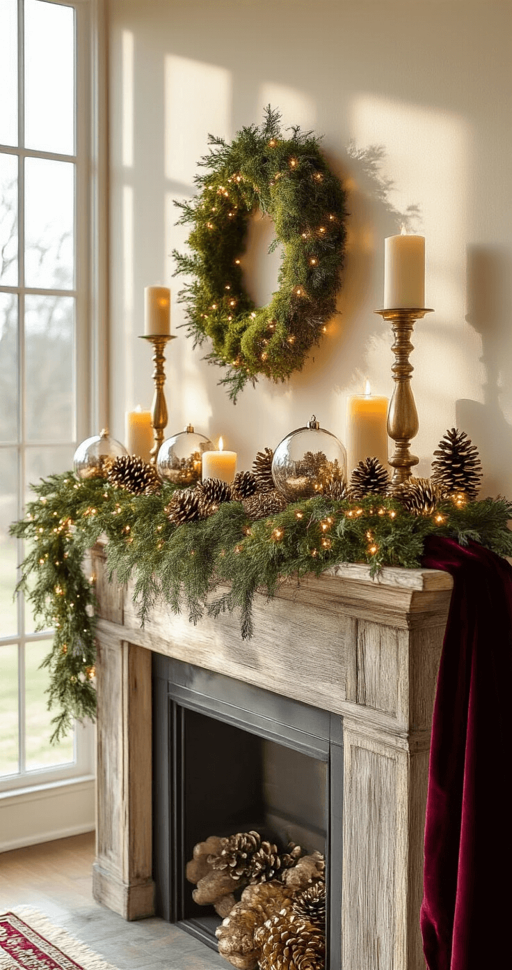 A photorealistic living room mantel bathed in golden hour sunlight, featuring a rustic wood mantel adorned with a moss garland, copper fairy lights, metallic pinecones, vintage brass candlesticks, and decorative glass ornaments, all set against warm beige walls and hardwood floors with a Persian rug.