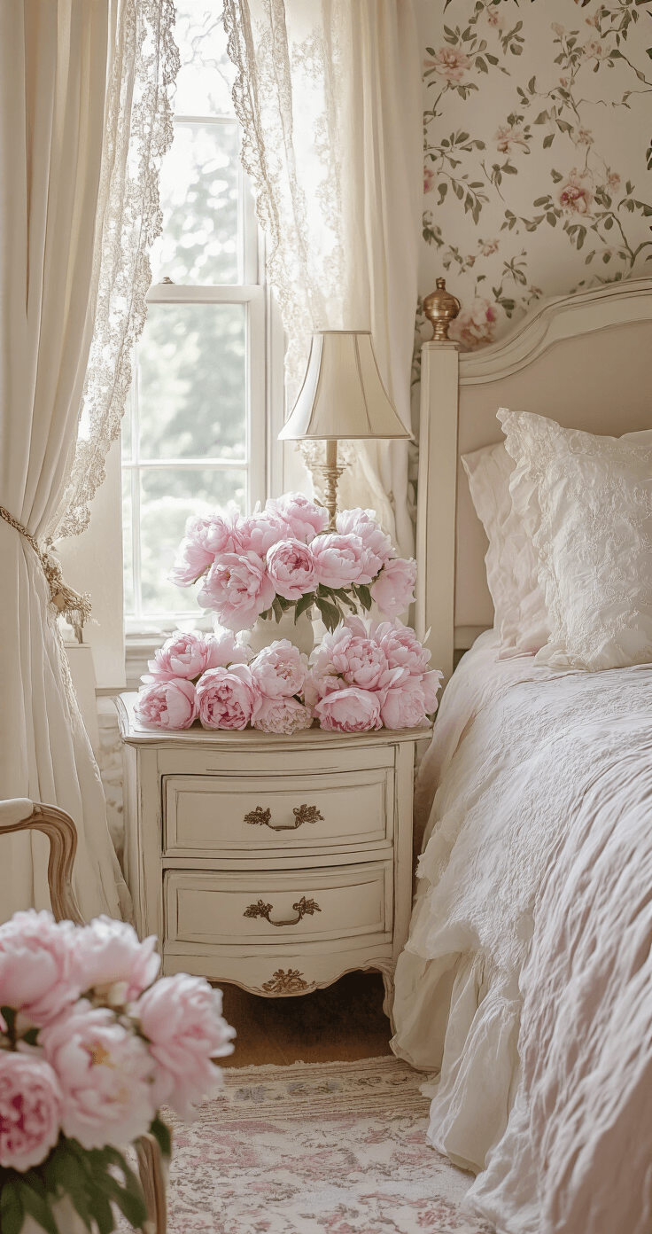Sophisticated bedroom with soft pink winter peonies on an antique nightstand, romantic French country style, morning light filtering through lace curtains, vintage brass fixtures, layered blush and ivory linens, distressed wood furniture, and delicate floral wallpaper, captured in an intimate close-up highlighting feminine details.