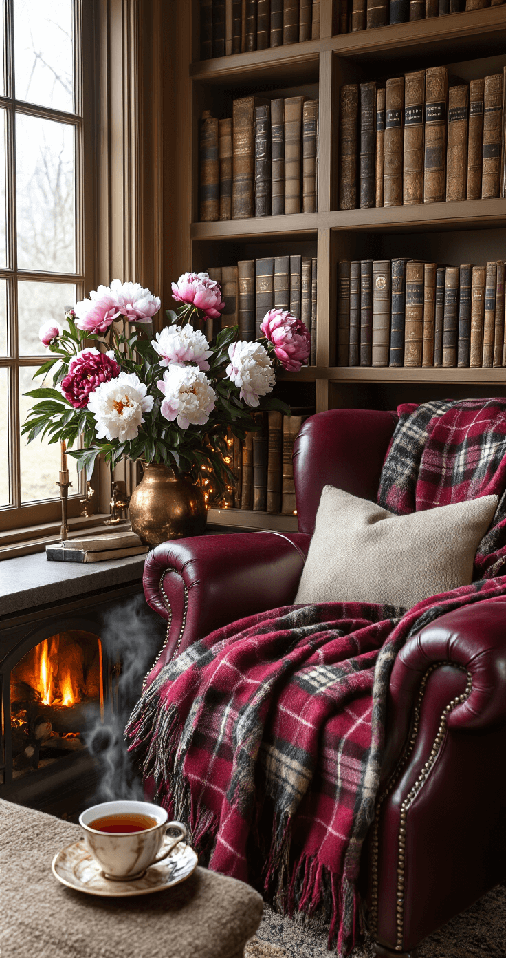 Cozy winter reading nook featuring mixed winter peony varieties, built-in bookshelves, plaid wool blankets, and a warm fireplace glow, complemented by a rich burgundy leather chair, copper accents, and evening ambient lighting; a steaming tea cup rests nearby.