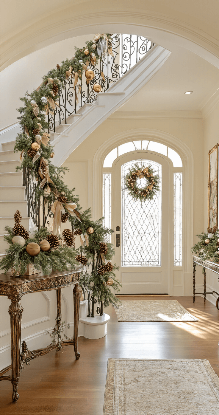 Elegant entryway foyer bathed in natural afternoon light, featuring a curved staircase adorned with wrought iron railings, decorated with pine cone clusters and large clear ornaments, framed by a 9-foot pre-lit garland; vintage brass elements and hardwood floors with a runner enhance the sophisticated atmosphere, all captured from a low angle to emphasize height.