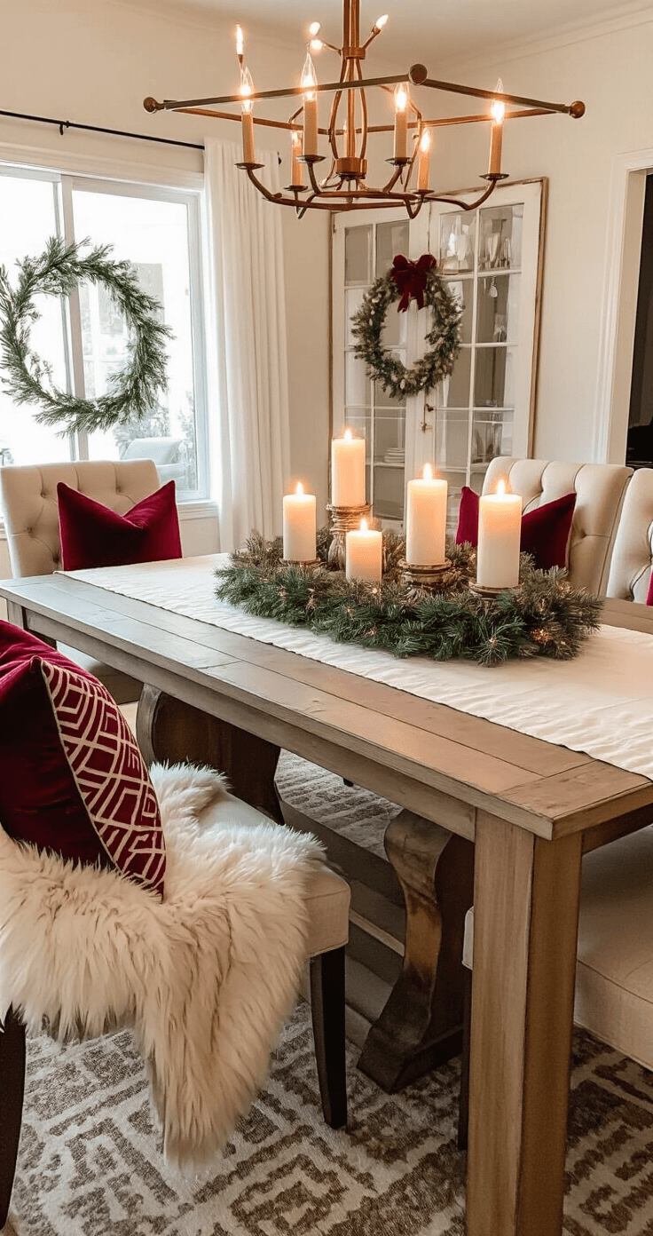 A contemporary dining room featuring a large dining table centerpiece with a Dollar Tree wreath adorned with a velvet bow, surrounded by pillar candles in decorative cozies, geometric holiday pillows on upholstered chairs, a faux fur throw, and a deep red and burgundy color palette with gold accents, all illuminated by warm candlelight ambiance and modern fixtures.