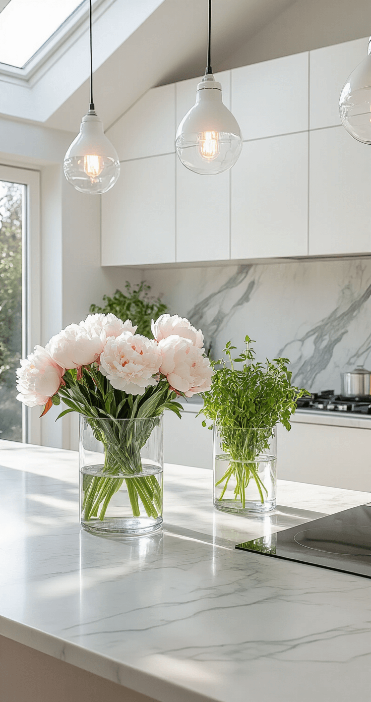 Modern kitchen island with winter peonies in glass vases, sleek white cabinetry, marble countertops, and pendant lighting, illuminated by natural light from skylights, featuring fresh herbs and a culinary setup in a Scandinavian design.