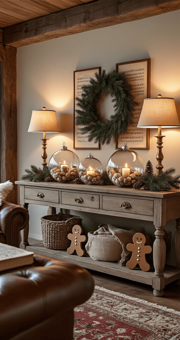 Rustic living room corner featuring a weathered wood console table with vintage sheet music ornaments, brass candlestick holders, and gingerbread-themed accessories, illuminated by soft evening light from table lamps, with leather furniture and a Persian rug complementing the warm cabin-like atmosphere.