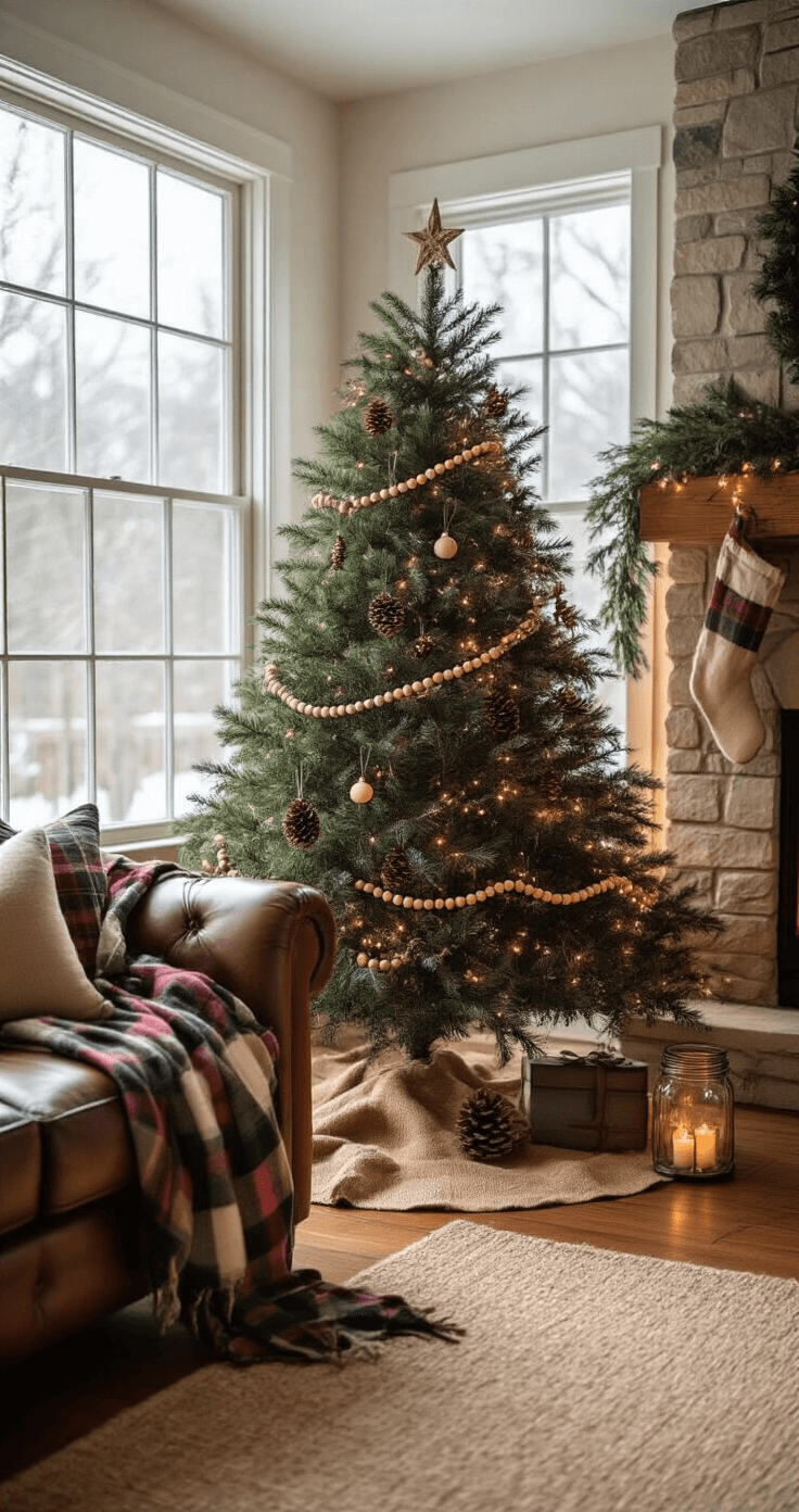 A cozy winter living room with a rustic Christmas tree adorned with wooden bead garland, pinecone ornaments, and buffalo plaid ribbon, illuminated by soft afternoon light filtering through frosted windows. A leather sofa with plaid throws sits nearby, with a stone fireplace in the background and a burlap tree skirt underneath the tree, all set against warm earthy tones and twinkling mason jar lights.
