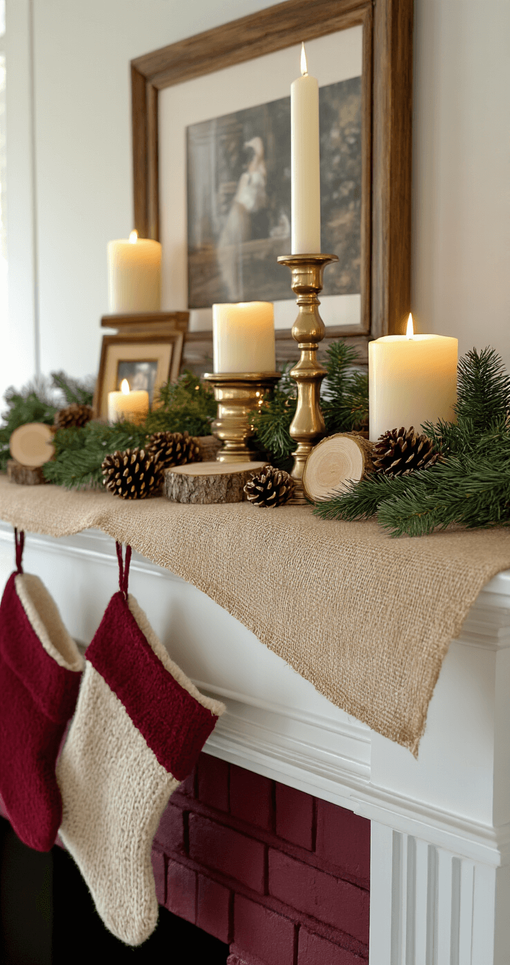 Elegant mantelpiece with a burlap runner, brass candlesticks holding cream pillar candles, scattered pinecones, wood slice accents, and evergreen garland, all set against a deep burgundy brick fireplace and warm golden lighting.